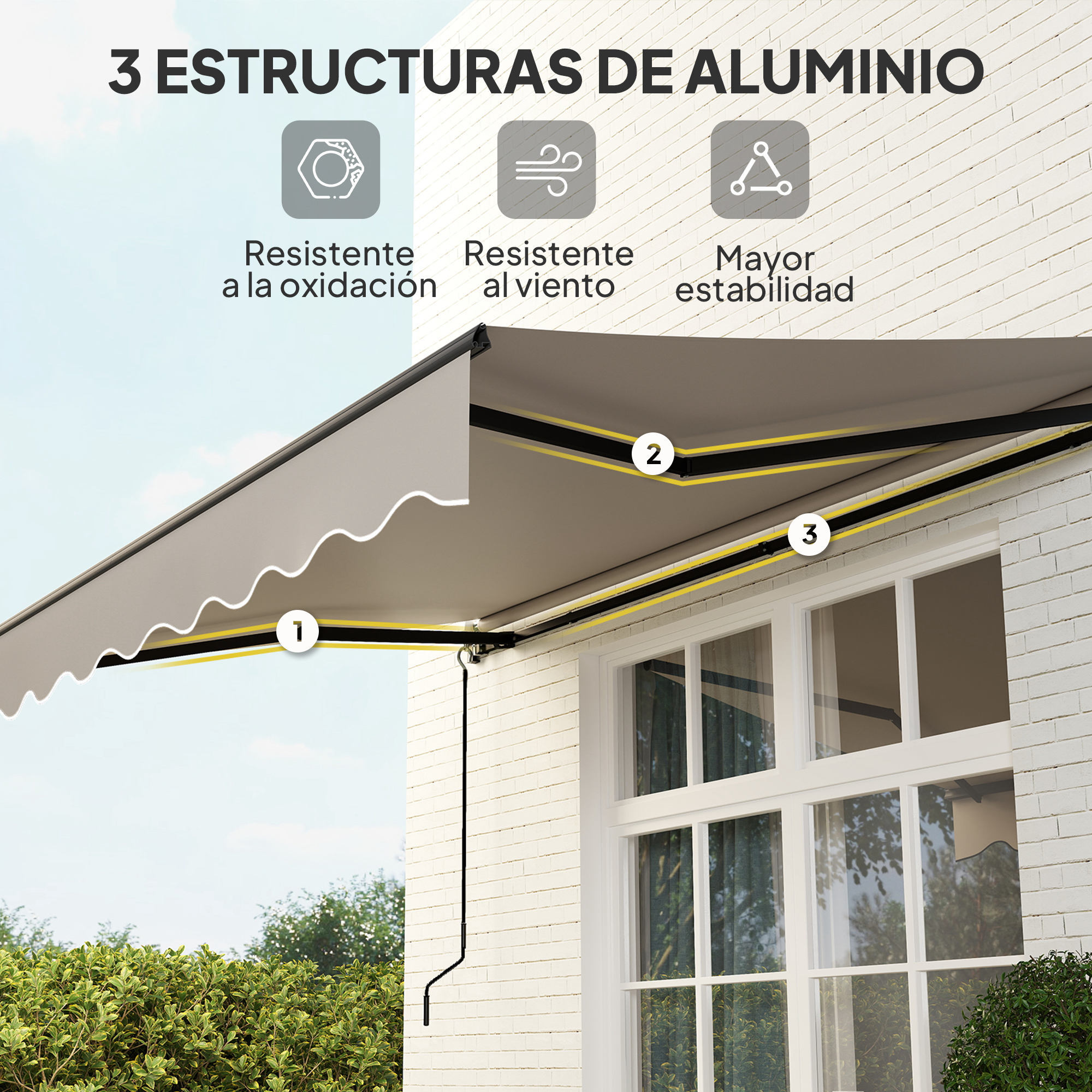 Toldo Manual Retráctil 360x220 cm Toldo para Balcón con Manivela de Aluminio 3 Brazos y Protección UV30+ Toldo Enrollable de Exterior para Jardín Terraza Ventanas Crema