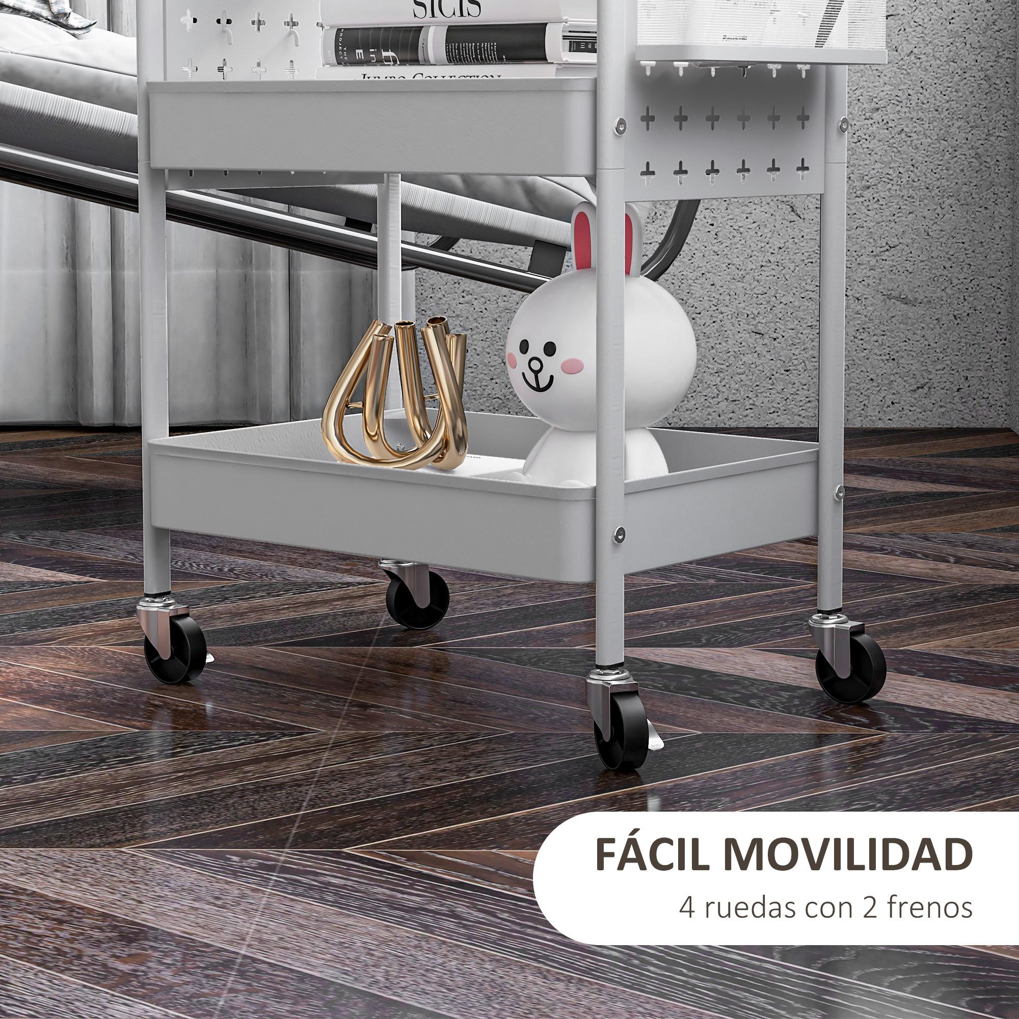 Carrito Auxiliar con Ruedas de Acero Carrito de Almacenamiento con 3 Cestas 2 Cajas Colgantes y 6 Ganchos para Salón Cocina Baño 53,5x30,5x75 cm Blanco