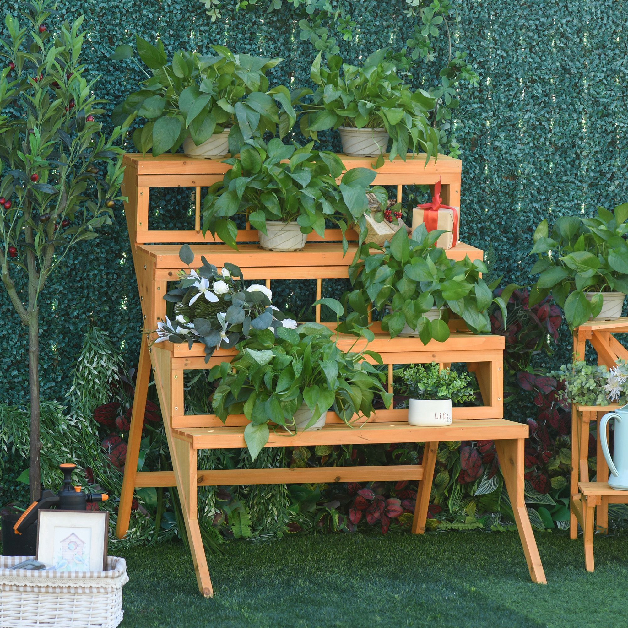 Étagère échelle à fleurs en bois - porte plante bois 4 étagères - bois sapin pré-huilé