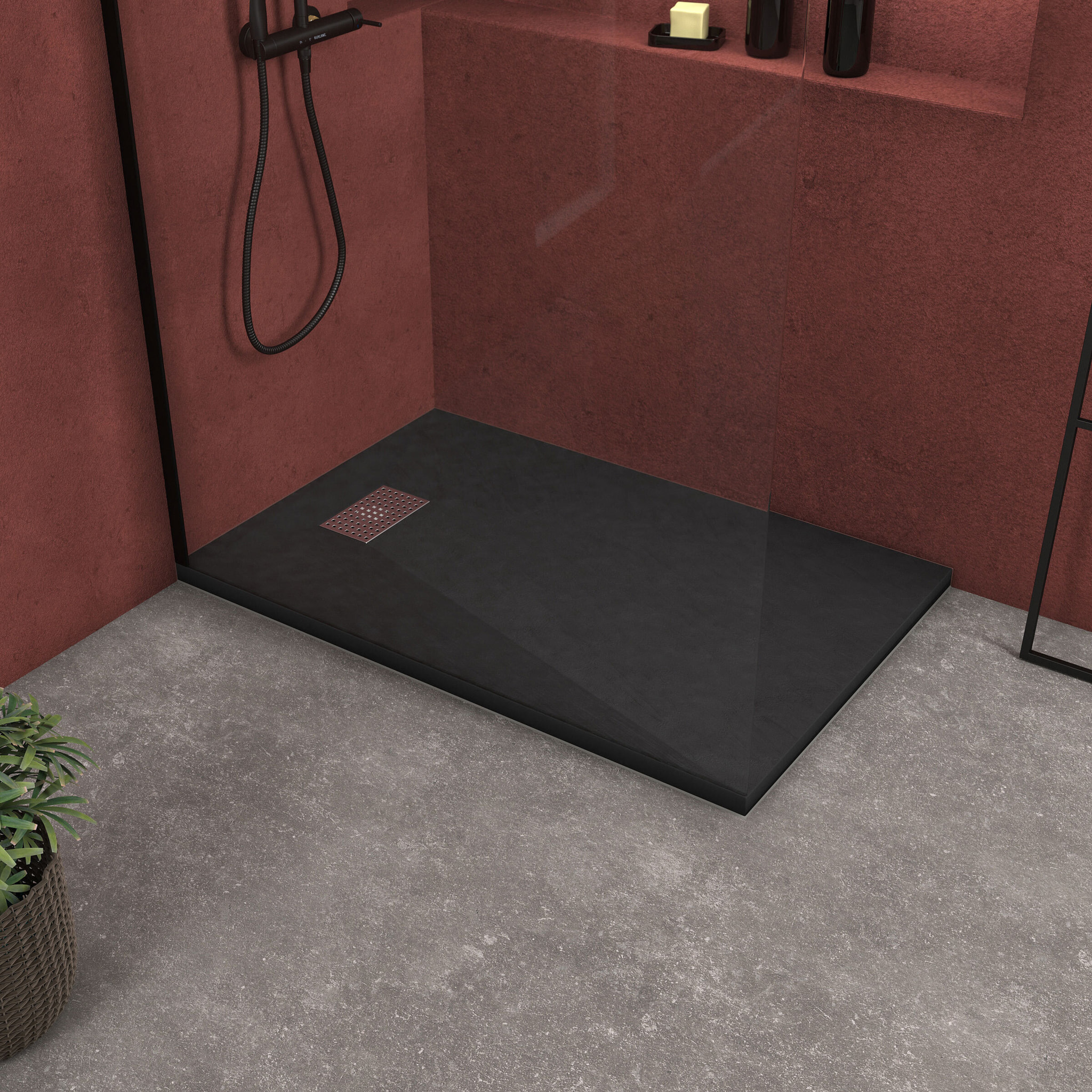 Receveur de douche Noir Effet Pierre 80x120 cm et Grille décor Perforée en Inox