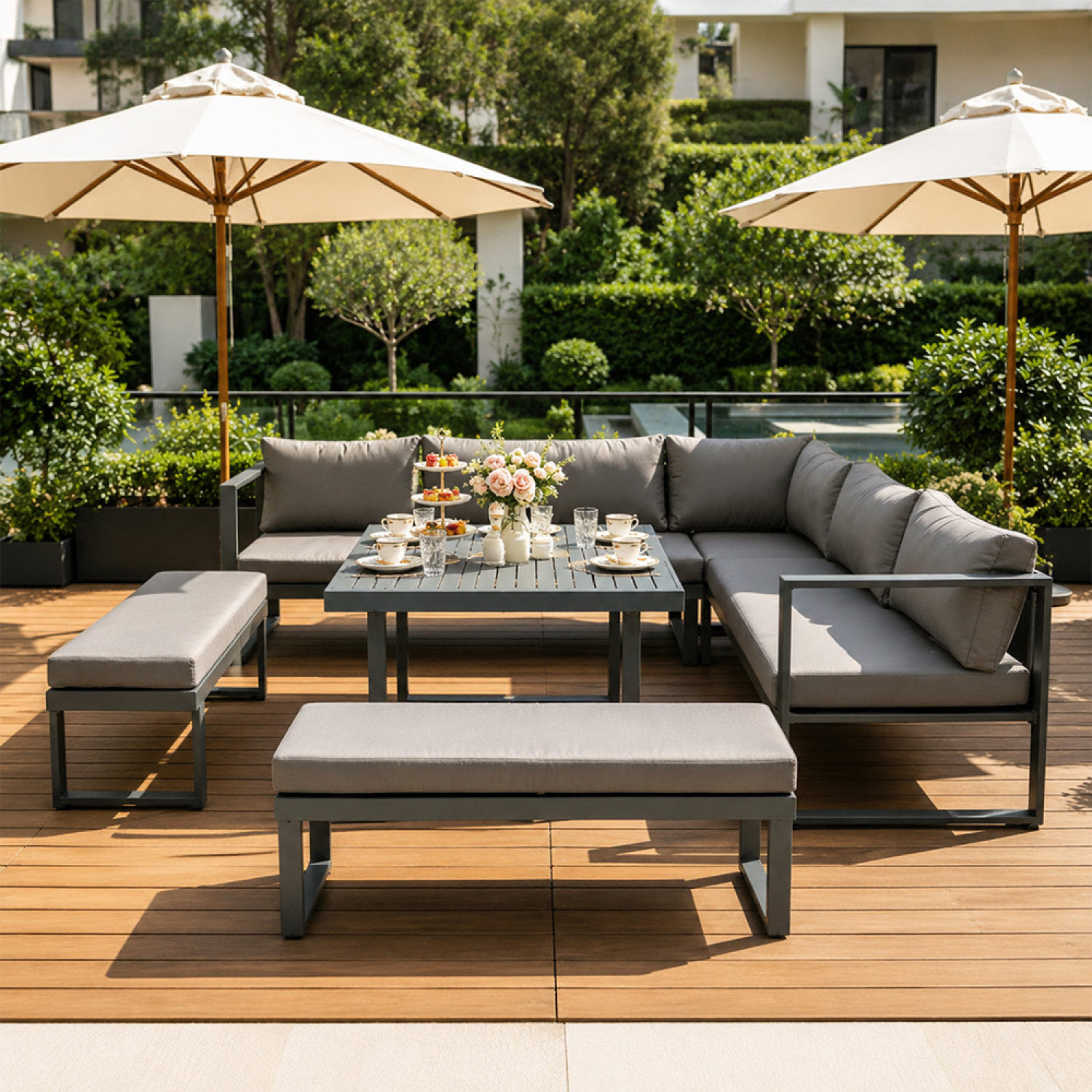 Salon de jardin gris foncé 7-9 places canapé + 2 bancs SATIPO