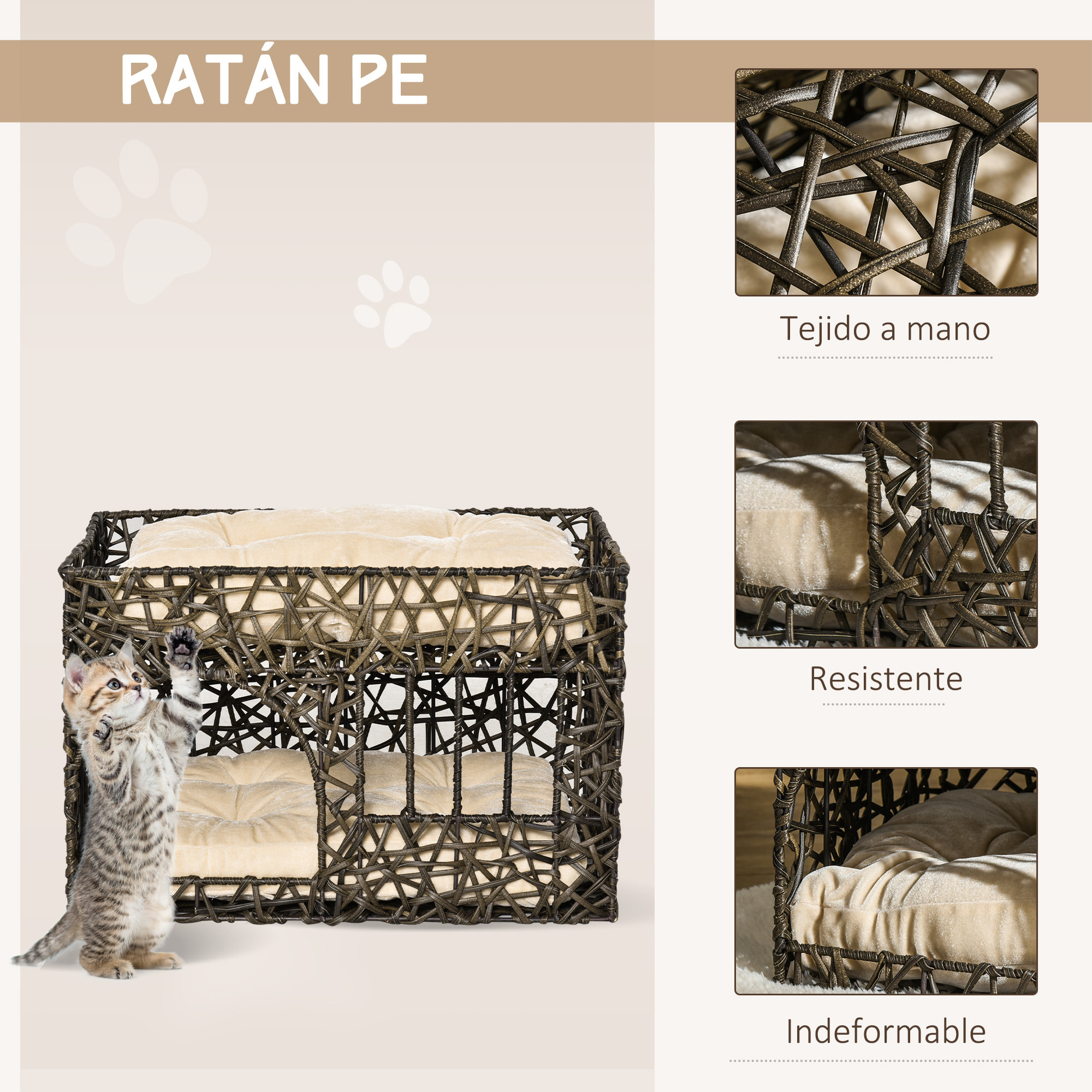 Cesta de Ratán para Gatos de 2 Alturas con 2 Cojines Suaves y Ventana 56x41x45cm