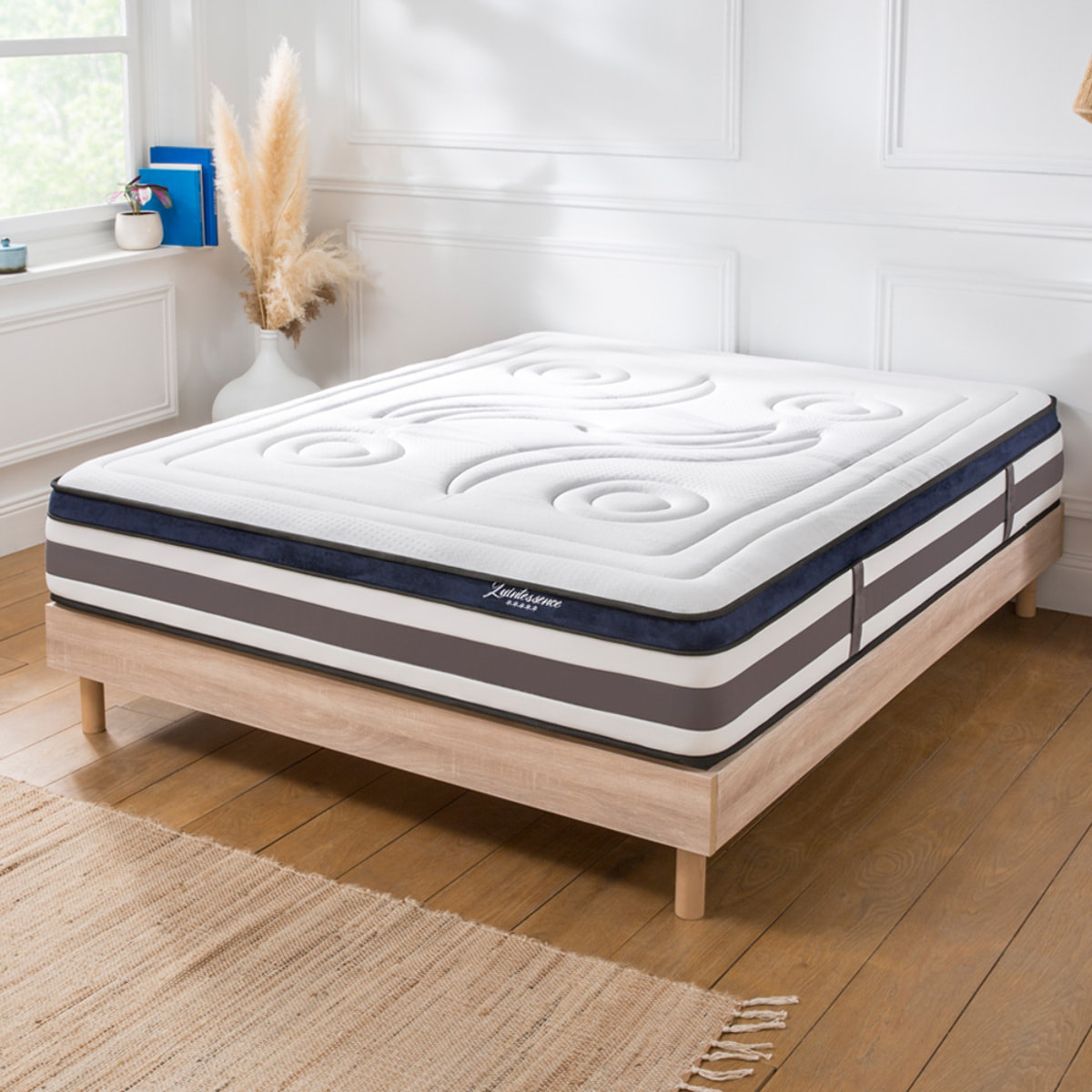 Ensemble Matelas Quintessence & Sommier Kit Bois, Mémoire de Forme & Haute Densité, 30 cm, Accueil Enveloppant, Soutien Ferme