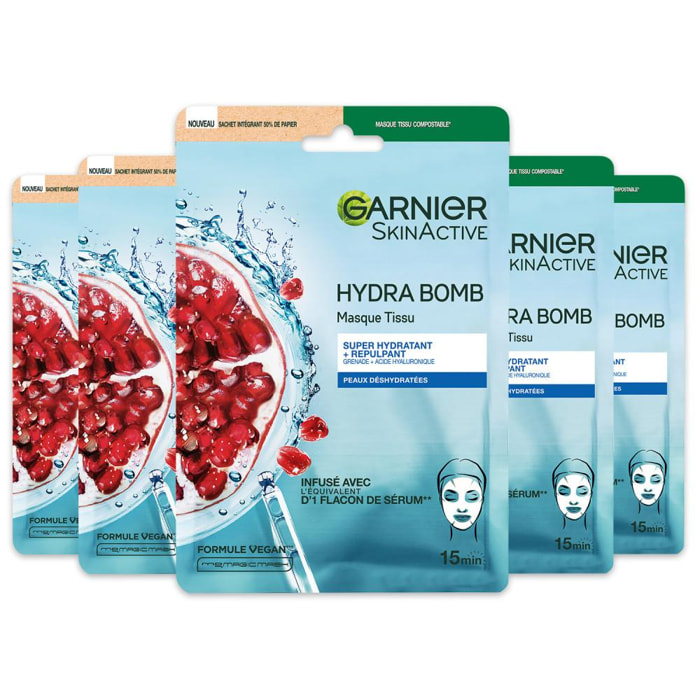 Garnier Coffret 5 Masques tissu HydraBomb Grenade Hydratant & Repulpant
