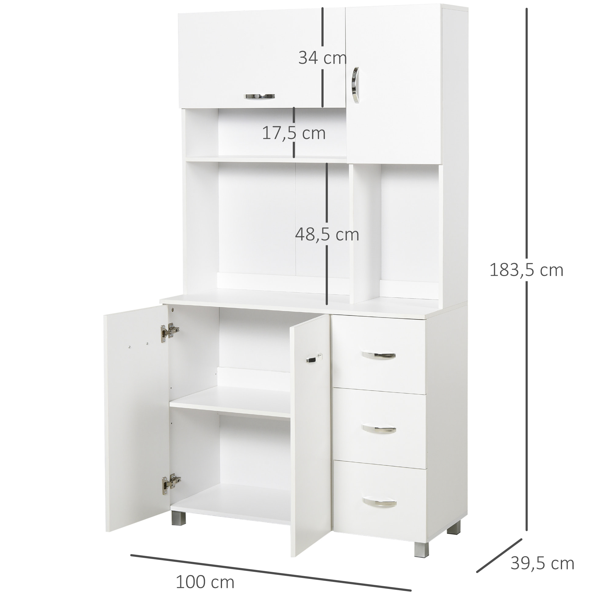 HOMCOM Armoire de cuisine multi-rangements 4 portes 3 tiroirs étagère + grand plateau 100L x 39l x 183H cm MDF blanc