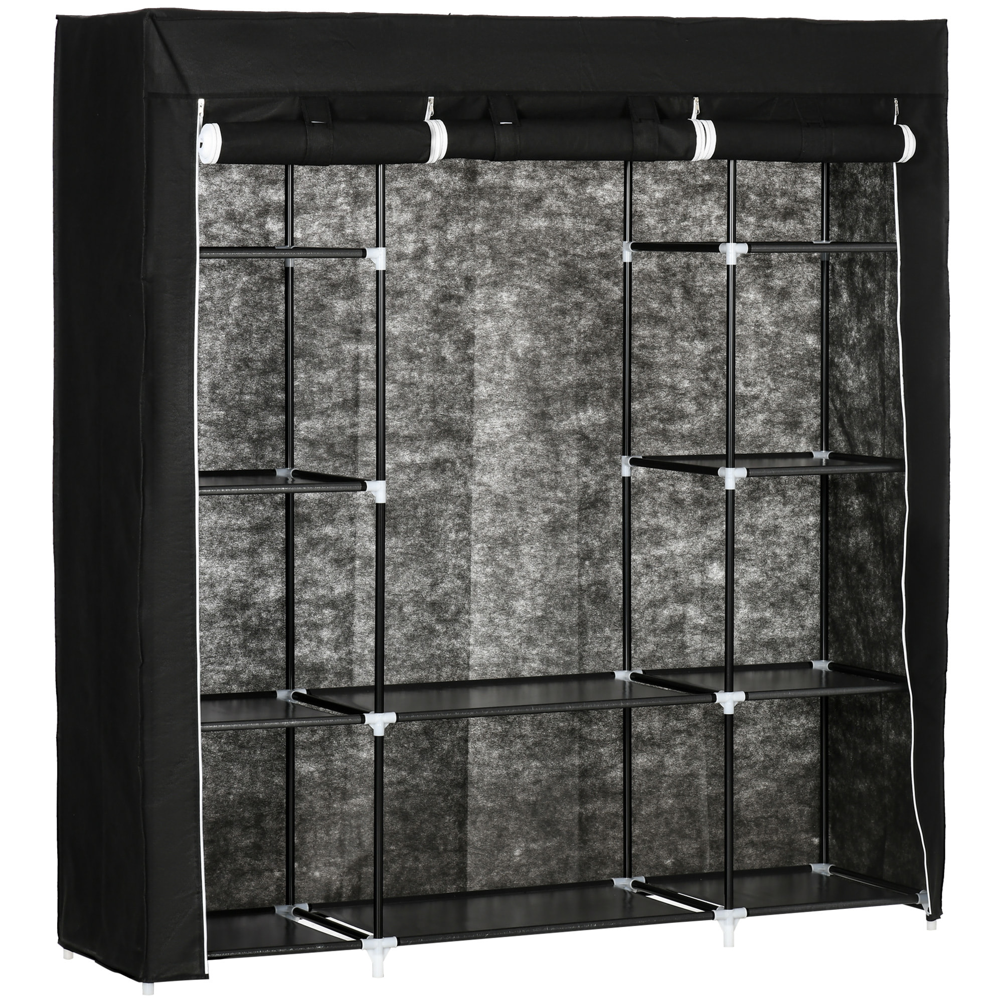 Armoire penderie toile - armoire tissu - 10 étagères, tringle - dim. 150 x 43 x 162,5 cm - noir