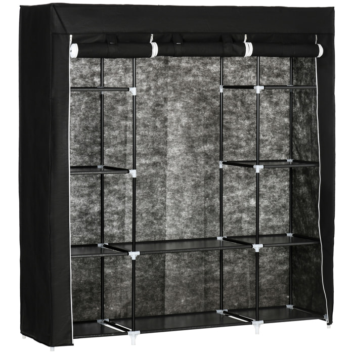 Armoire penderie toile - armoire tissu - 10 étagères, tringle - dim. 150 x 43 x 162,5 cm - noir