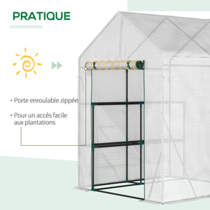 Serre de jardin 2 tablettes dim. 1,43L x 1,43l x 1,95H m porte déroulante acier PE haute densité 140 g/m² transparent blanc