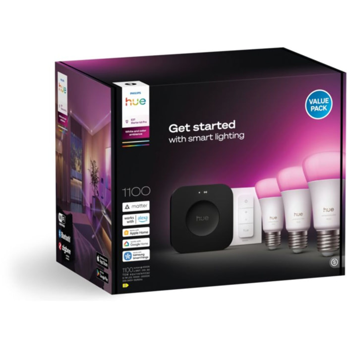 Pack PHILIPS Kit Hue E27 75Wx3+telecommande+bridge pr