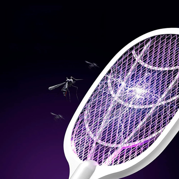 Raqueta matamosquitos eléctrica con 3000V de descarga, 1200mAh de batería y 4 ajustes de brillo.