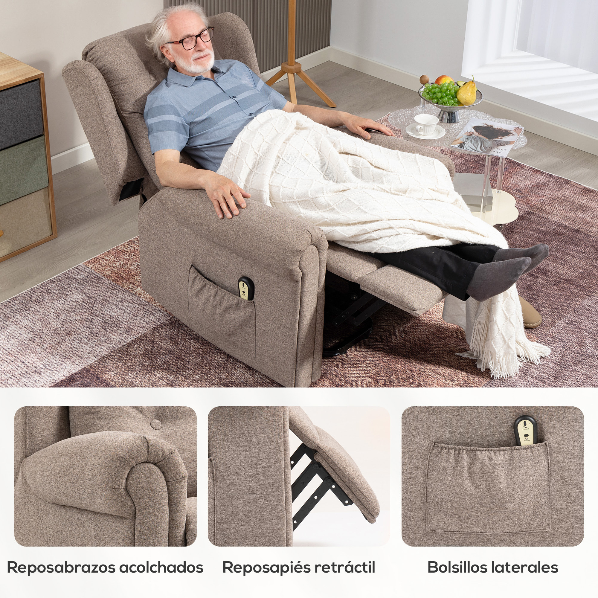 Sillón Relax Reclinable Eléctrico Levanta Personas Sillón Elevador con Respaldo Alto Capitoné Control Remoto Tapizado en Lino y Bolsillos Laterales Marrón Claro