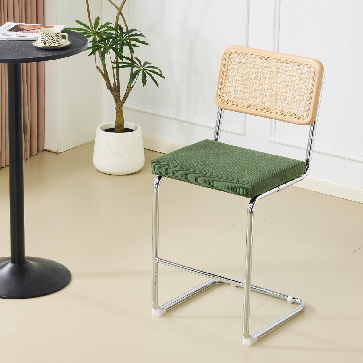 Lot de 2 tabourets de bar en cannage et velours côtelé - MUSE