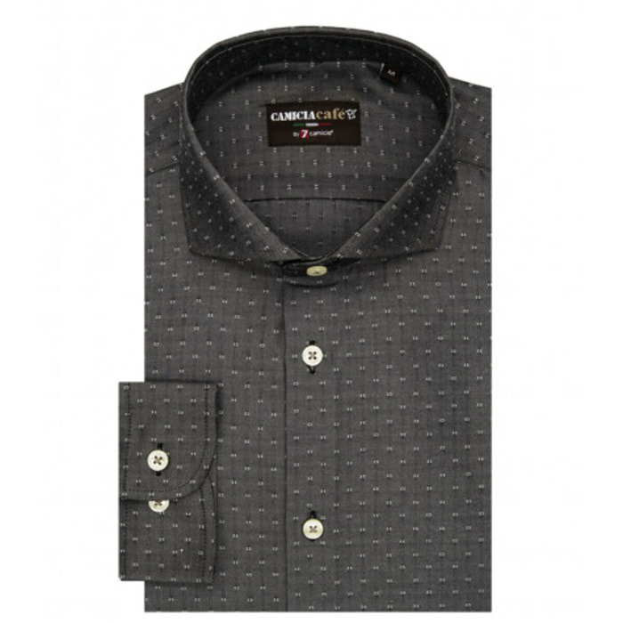 Camicia Uomo 1 Bottone Francese Slim Cotone Poliestere Jacquard Nero