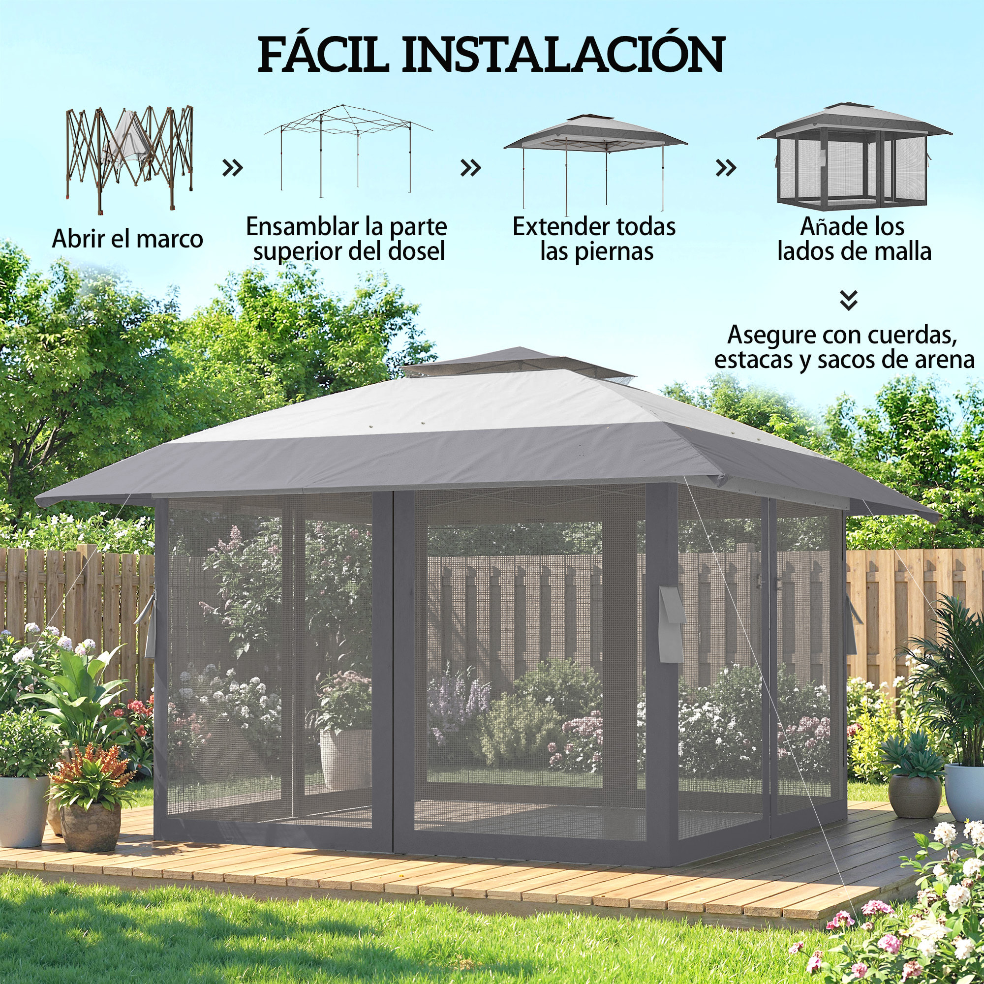 Carpa Plegable 4x4 m, Pop-up, con Doble Techo, 4 Paredes Laterales de Malla, Cenador de Jardín con Altura Ajustable 3 Niveles, Bolsa de Transporte, UPF30+, Gazebo para Camping, Fiestas, Gris