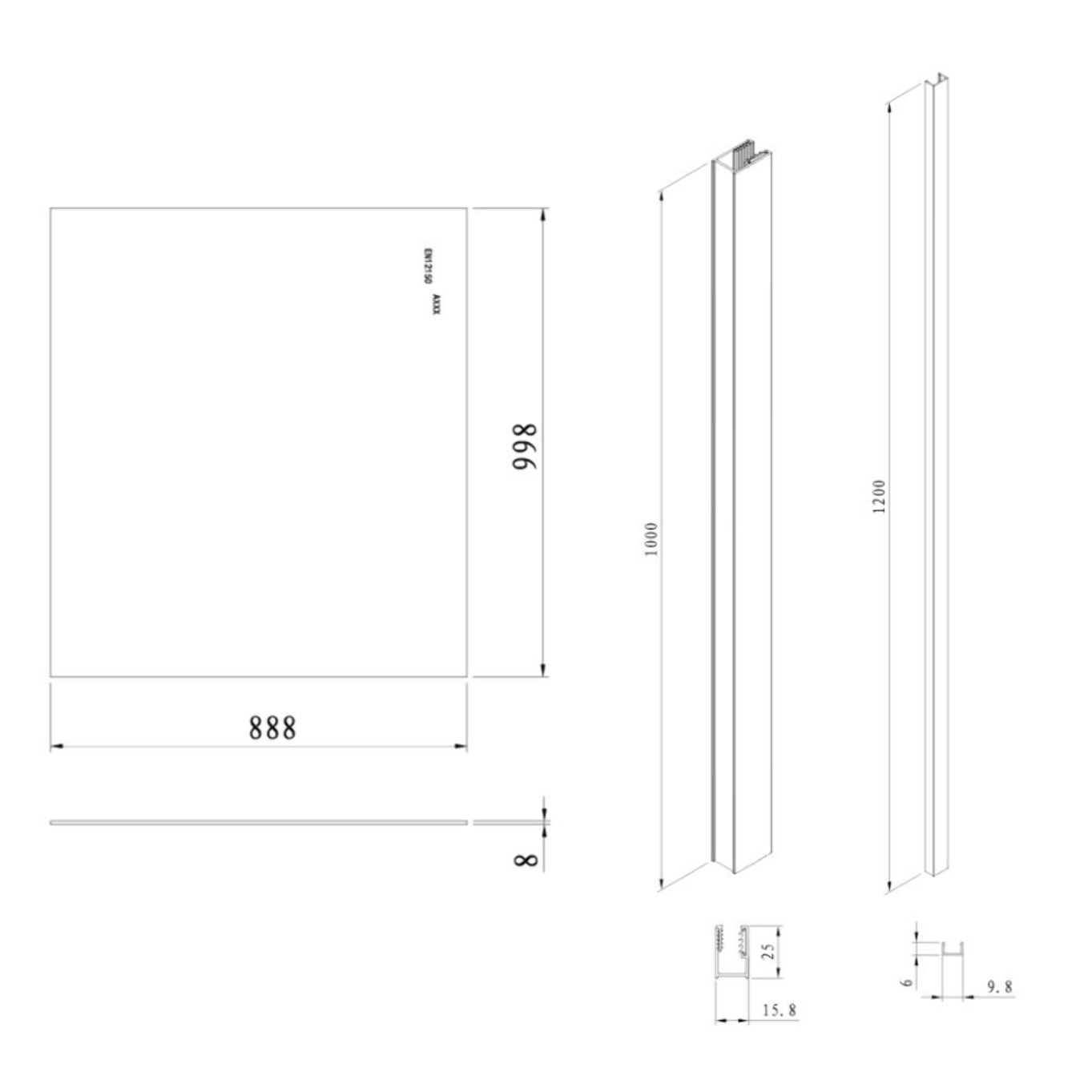Pare-muret 100x90cm Paroi en verre Crystal Glass® 8 mm anticalcaire, avec bras et profilés noir mat (SATBWIS90PRC)