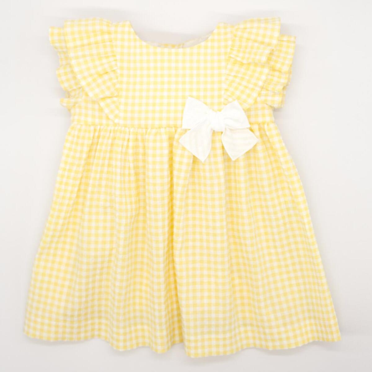 Vestido corto estampado de vichy amarillo, con volante y lazo.