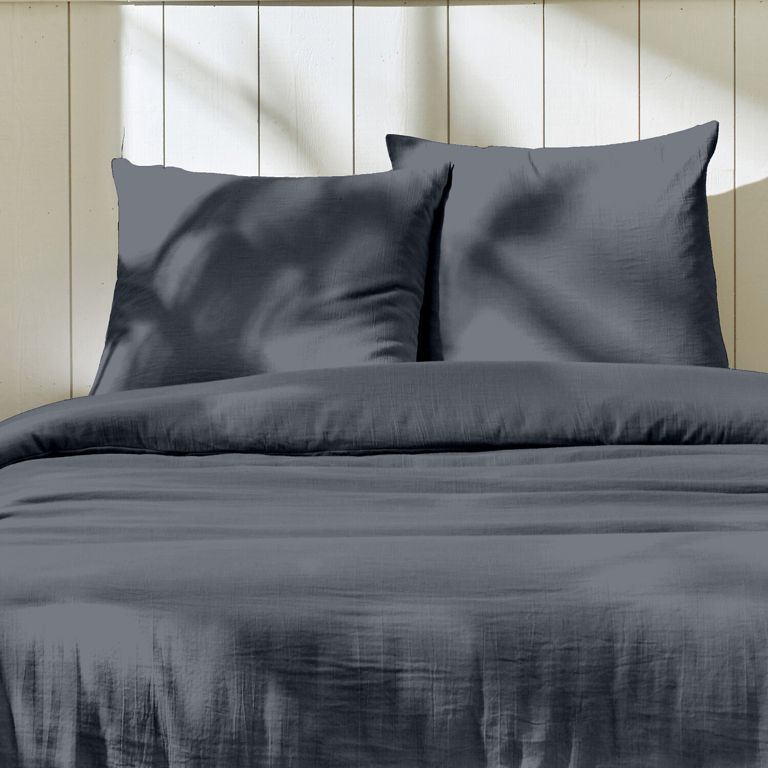 Parure housse de couette 3pcs unie 100% gaze de coton - bleu jean