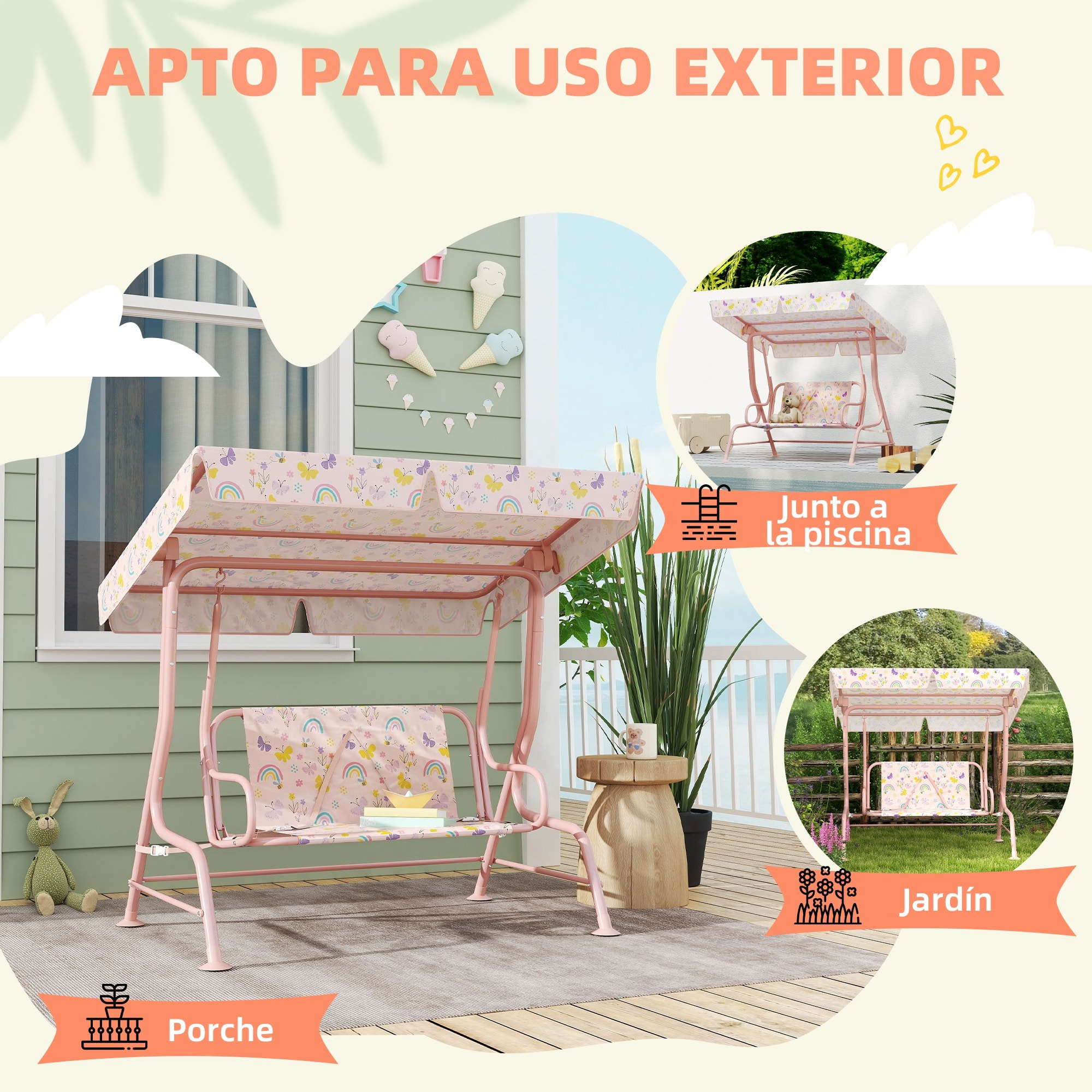 Columpio de Jardín Exterior para Niños de +3 Años Balancín de Jardín Exterior de 2 Plazas con Toldo Ajustable Arnés de Seguridad y Estampados Bonitos 112x75x120 cm Rosa