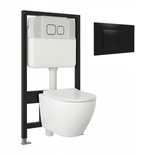 Pack Wc Suspendu + Châssis + Boîtier de Support Nature | Toilette Blanc Mat | Bouton Noir | Réservoir Encastré | Couvercle Amorti | Alday