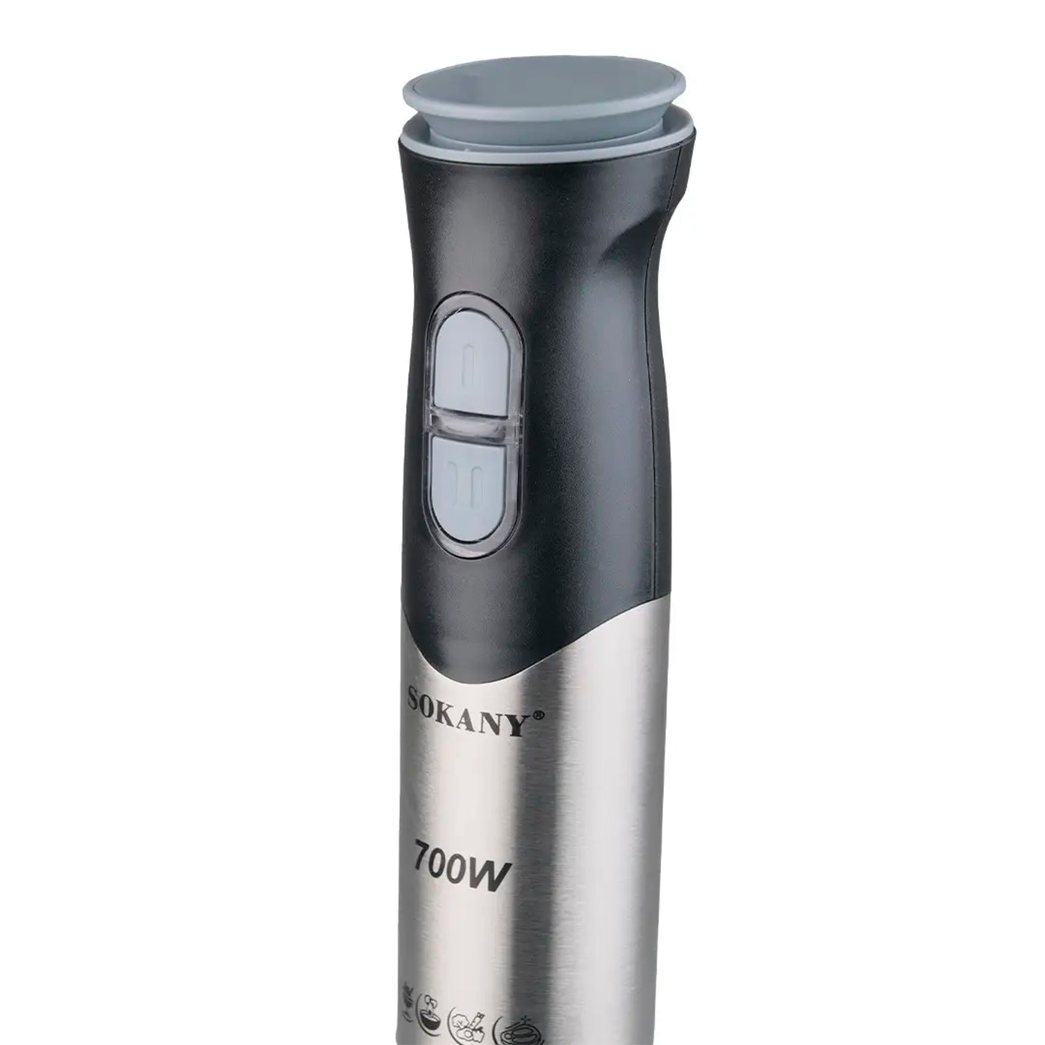 Batidora de mano de 700W con dos velocidades, diseño ergonómico, cuerpo y brazo de acero inoxidable. Brazo apto para lava vajillas.
