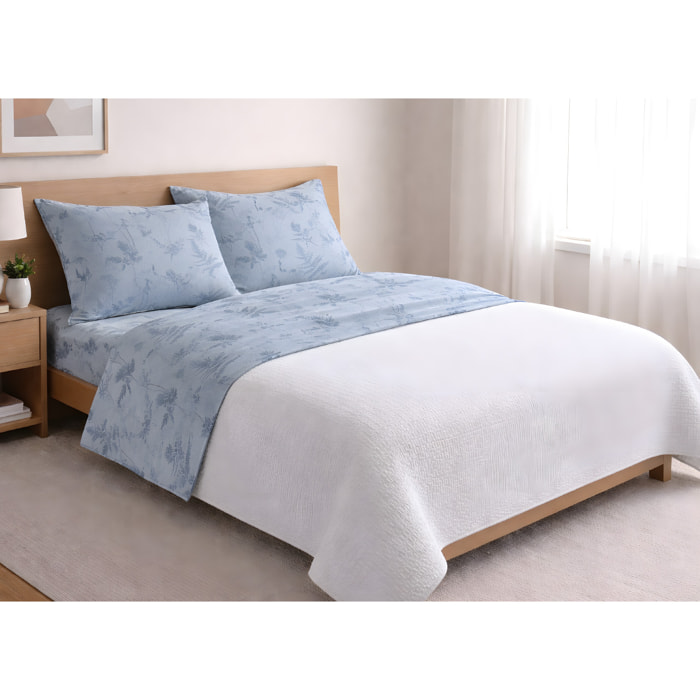 Completo Lenzuola 100% Cotone Made in Italy Fantasia Floreale Disegno Soffione Azzurro