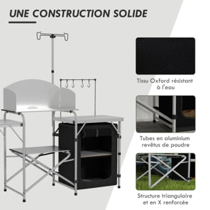 Rangement cuisine de camping pliable étagères tablette station de cuisson alu tissu noir