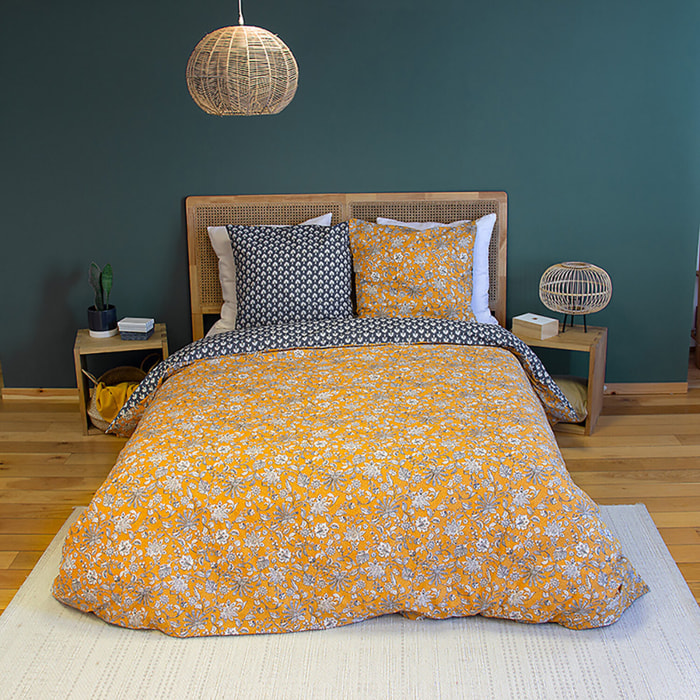 Parure housse de couette 100% coton motif floral - jaune moutarde