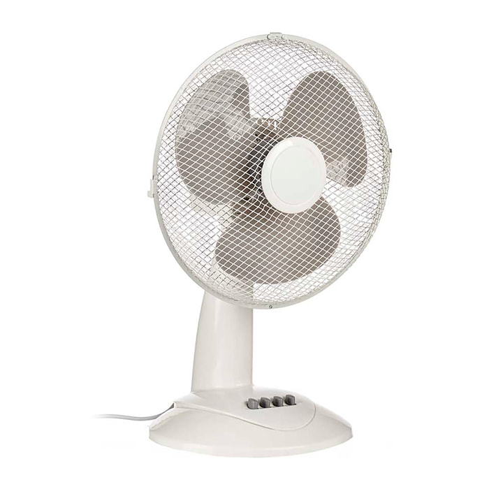 Ventilatore da tavolo con oscillazione di 75°. Potenza di 45W e 3 velocità.