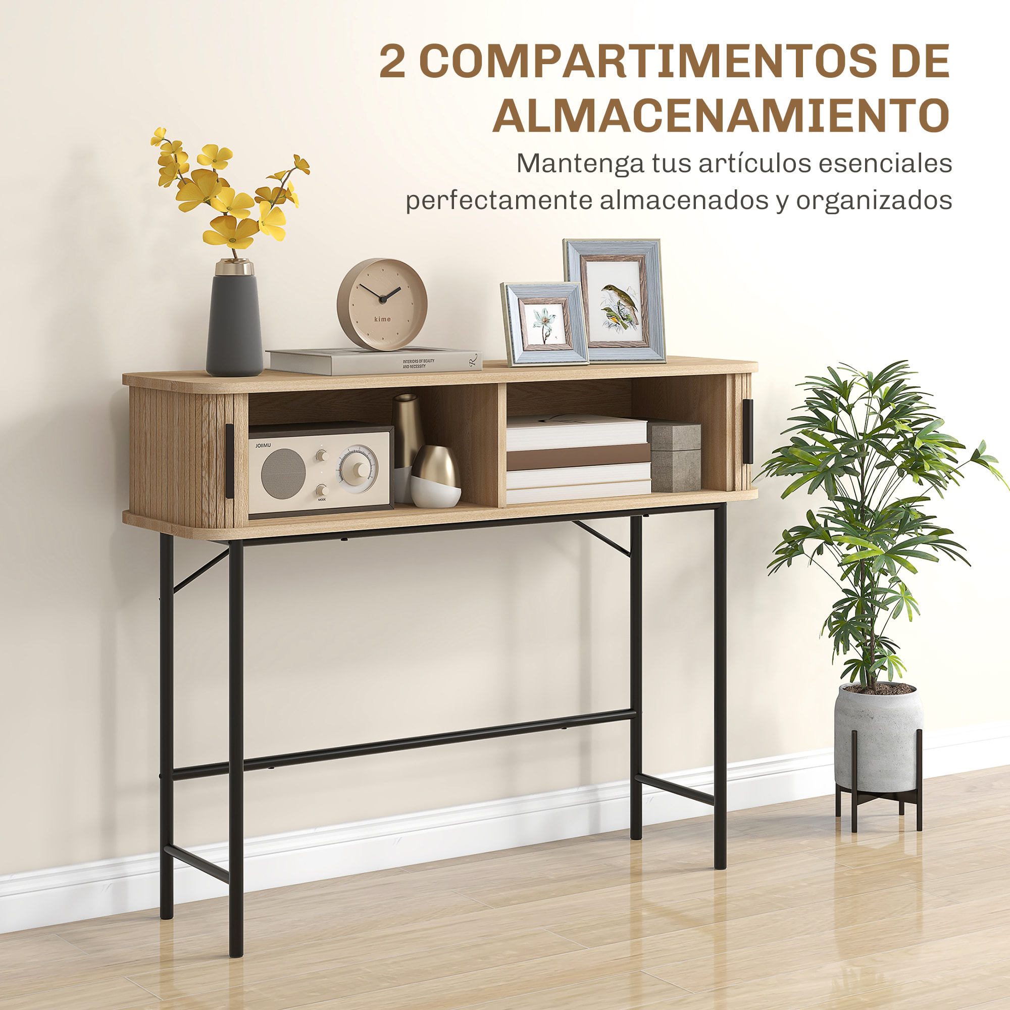 Mesa Consola Vintage Mueble para Recibidor con 2 Puertas Correderas de Tambor y Compartimientos Consola para Recibidor Entrada Pasillo 100x30x80 cm Roble