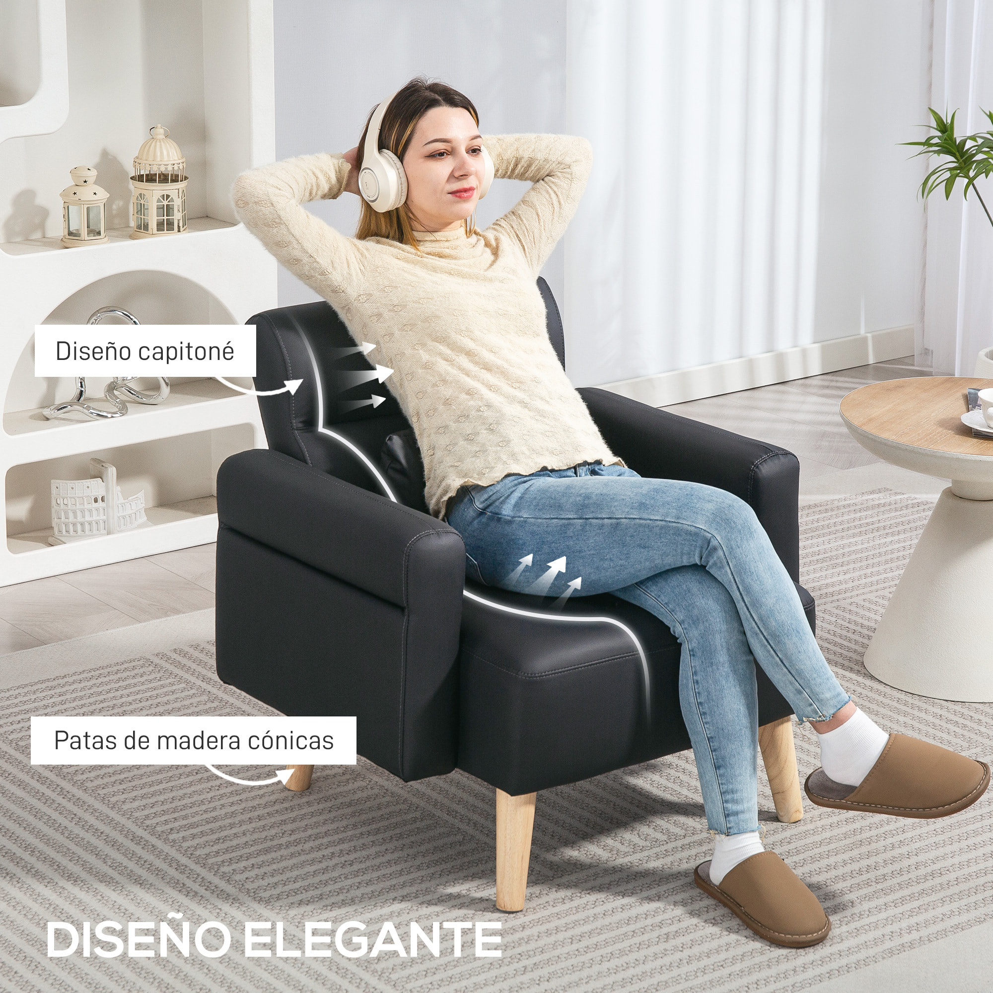 Sillón de Salón Tapizado en Cuero Sintético Butaca de Salón de 77 cm con Reposabrazos Acolchado Grueso Respaldo Acanalado y Patas de Madera para Dormitorio Sala de Estar Negro
