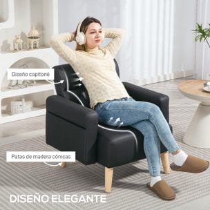 Sillón de Salón Tapizado en Cuero Sintético Butaca de Salón de 77 cm con Reposabrazos Acolchado Grueso Respaldo Acanalado y Patas de Madera para Dormitorio Sala de Estar Negro