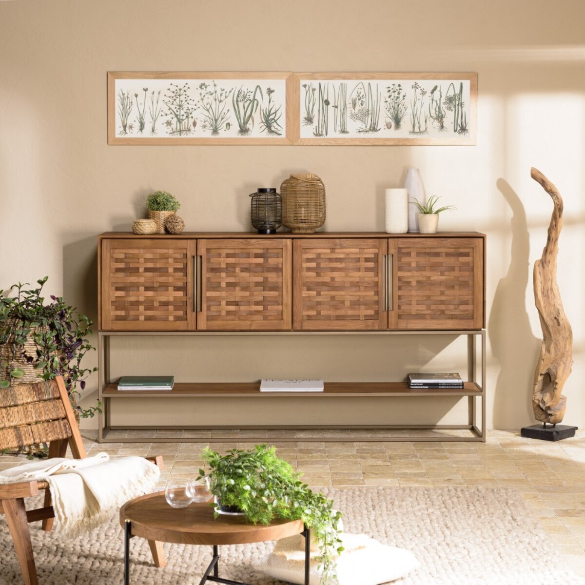 SIXTINE - Buffet en bois de teck recyclé 4 portes en tissage de bambou