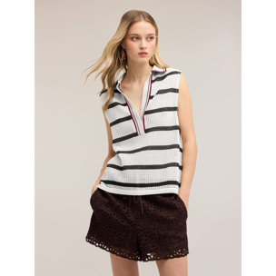 Motivi - Top de punto calado a rayas con cuello polo - Negro