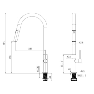 Mitigeur monocommande avec douchette extractible et bras pivotant, 2 jets, Aspect acier inox