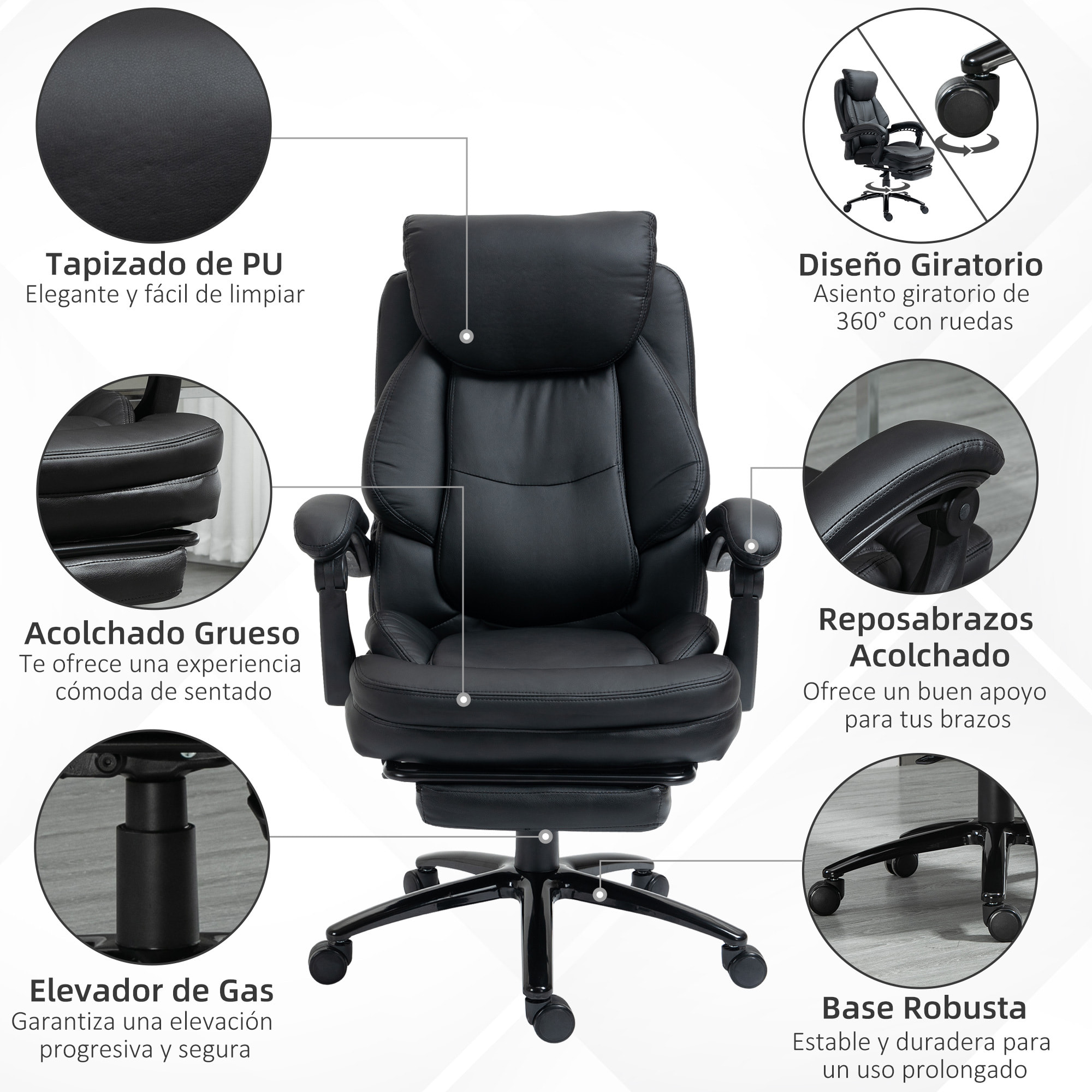 Vinsetto Silla de Oficina Ergonómica Silla de Escritorio Ajustable en Altura con Respaldo Inclinable hasta 130° Función Basculante y Resposapiés Retráctil Acero 73x66x112-118 cm Negro