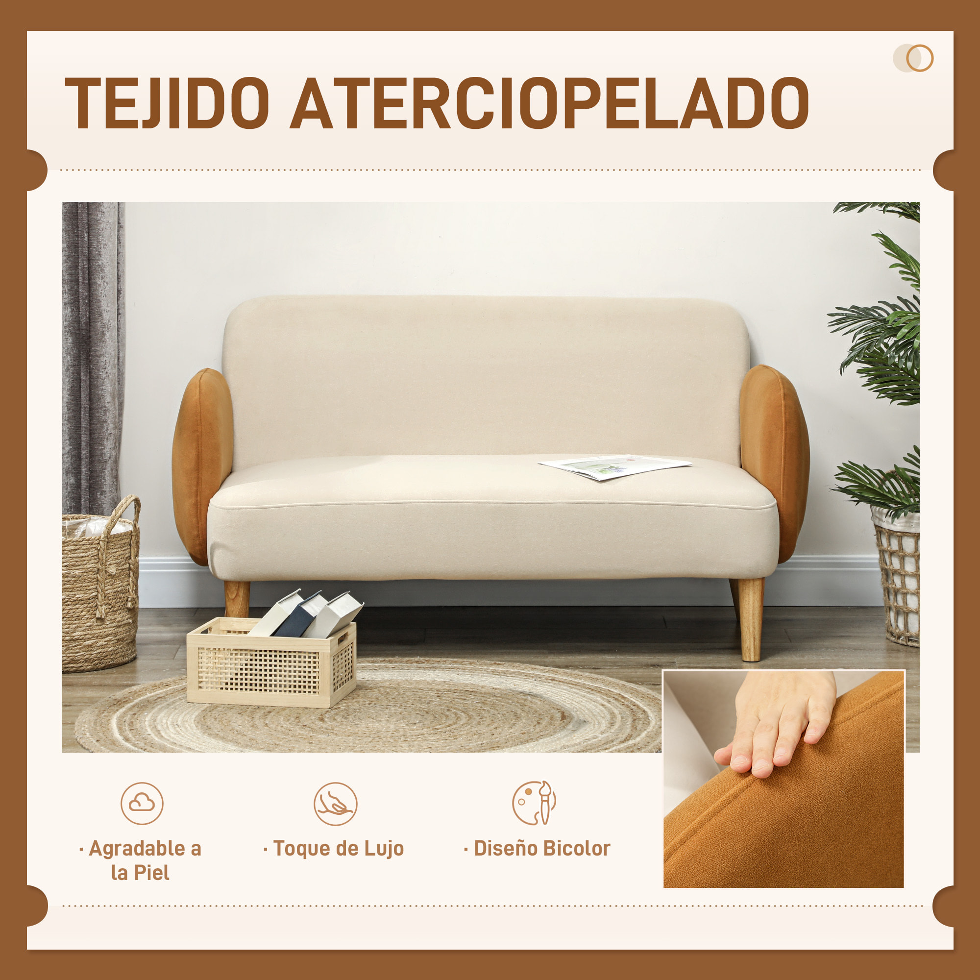 Sofá de 2 Plazas Tapizado en Terciopelo Sofá de Salón con Reposabrazos y Patas de Madera Sofá Pequeño Carga 240 kg para Dormitorio Oficina 130x74x76 cm Crema