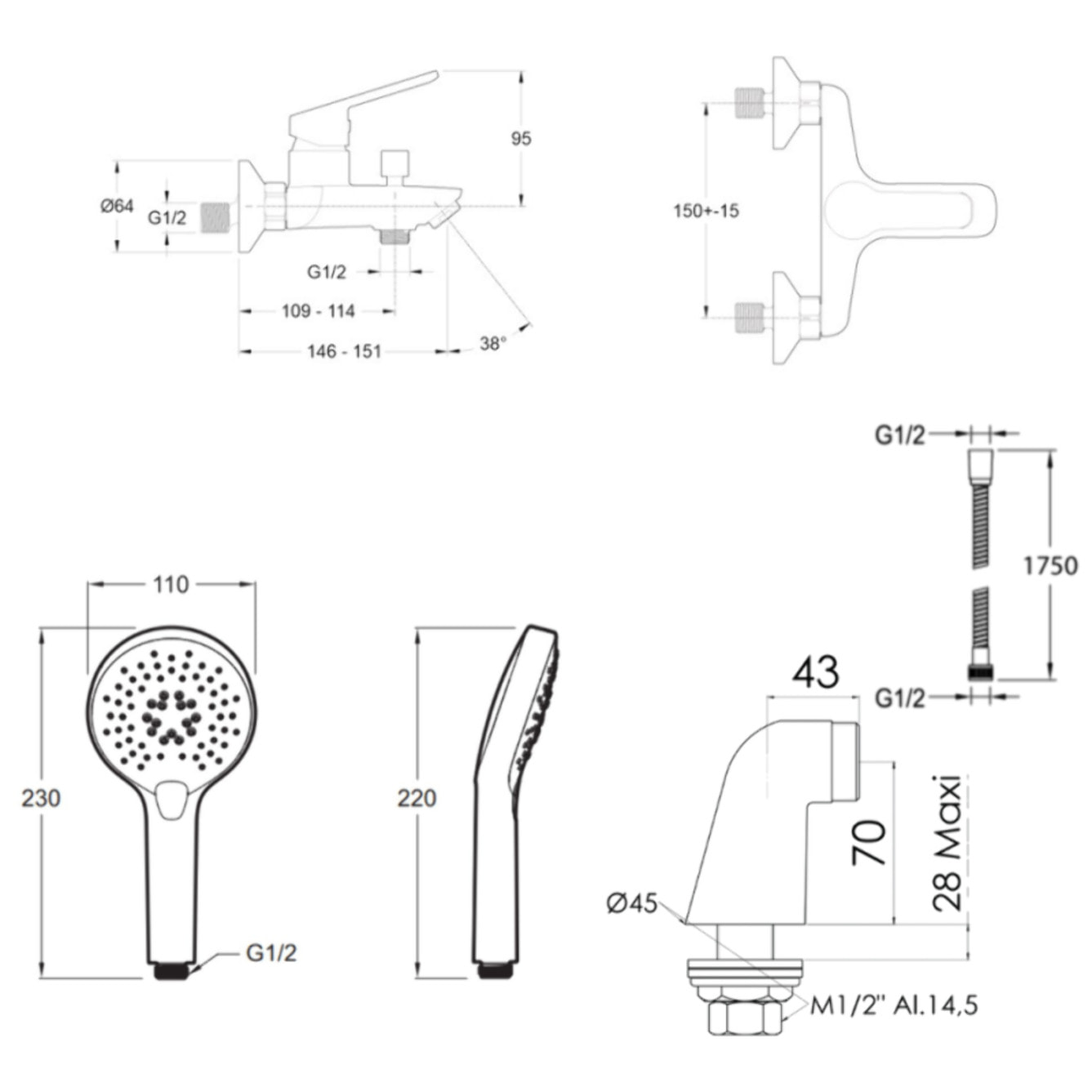 Mitigeur baignoire Aimé + pommeau de douche Metro + flexible de douche métal + colonnettes