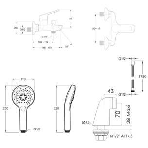 Mitigeur baignoire Aimé + pommeau de douche Metro + flexible de douche métal + colonnettes