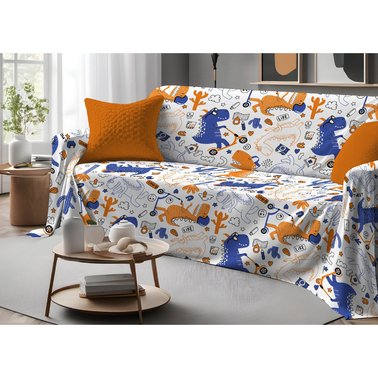 Telo Arredo Copritutto Grand Foulard Copridivano Copriletto 100% Cotone Disegno Dino