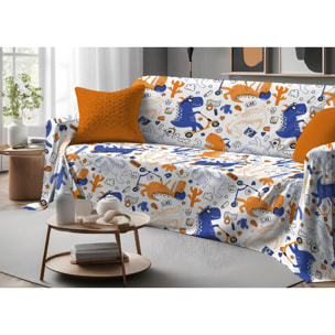 Telo Arredo Copritutto Grand Foulard Copridivano Copriletto 100% Cotone Disegno Dino