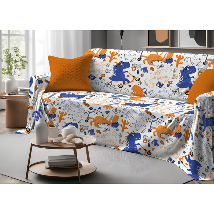 Telo Arredo Copritutto Grand Foulard Copridivano Copriletto 100% Cotone Disegno Dino