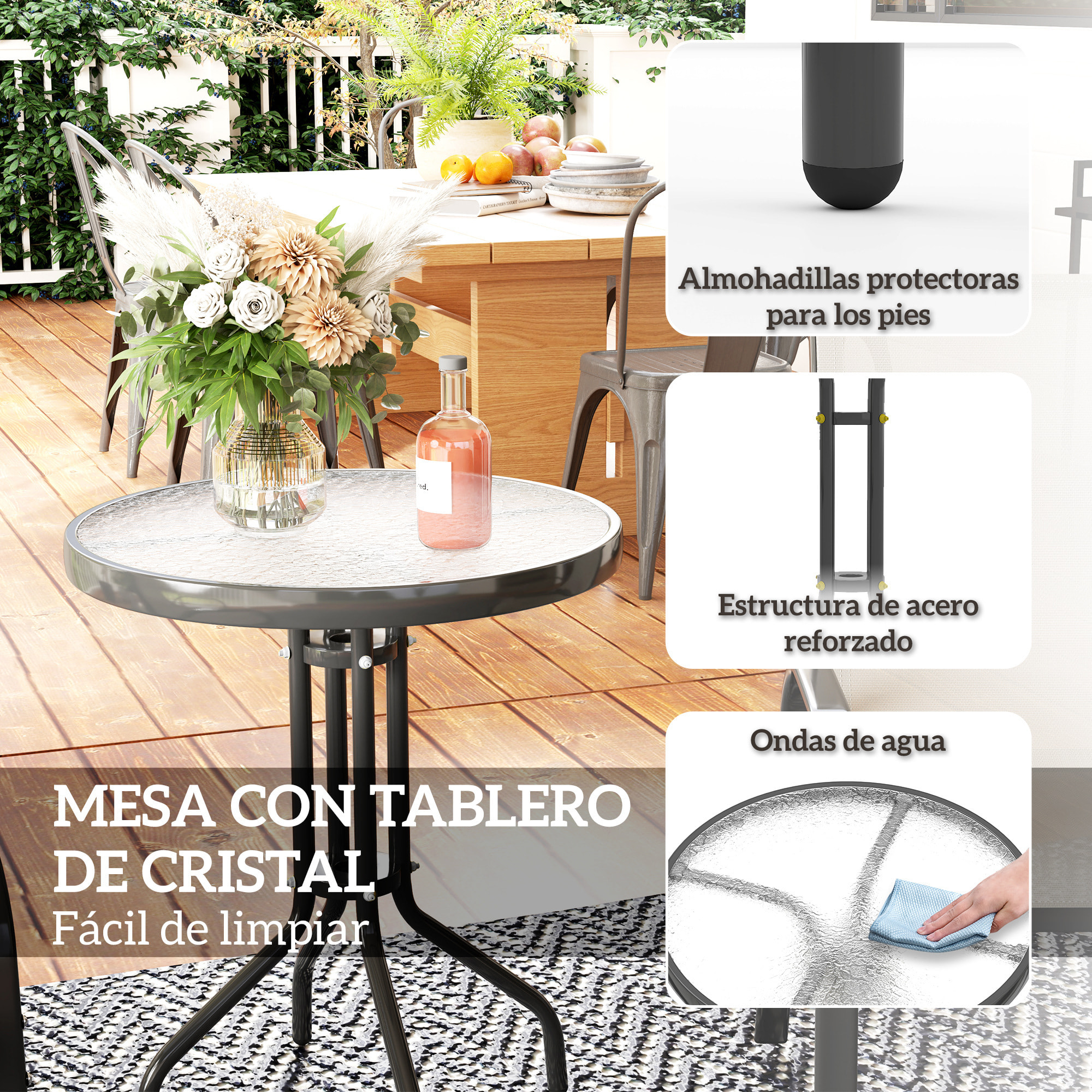 Conjunto de Mesa y Sillas de Terraza Exterior de 3 Piezas, Muebles de Jardín Exterior con Sillas Apilables, Encimera de Vidrio y Estructura de Acero, para Patio, Gris Claro