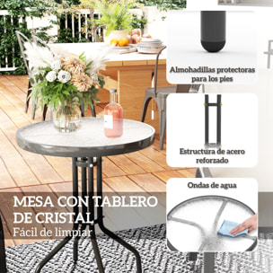 Conjunto de Mesa y Sillas de Terraza Exterior de 3 Piezas, Muebles de Jardín Exterior con Sillas Apilables, Encimera de Vidrio y Estructura de Acero, para Patio, Gris Claro