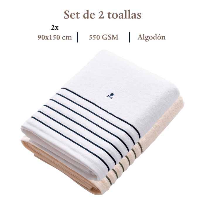 Set de 2 toallas de ducha (150x90), 100% algodón, 470 gsm, en colores blanco y beige con raya verde, scalpers home