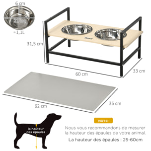 Gamelle double chien porte-gamelles surélevé réglable 2 gamelles acier inox et tapis inclus acier noir aspect bois clair