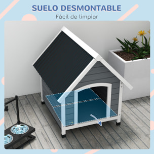 Caseta para Perros 75x88x82 cm Casa para Perros Medianos con Techo de Tejas de Imitación Base Elevada y Suelo Desmontable para Exterior Gris