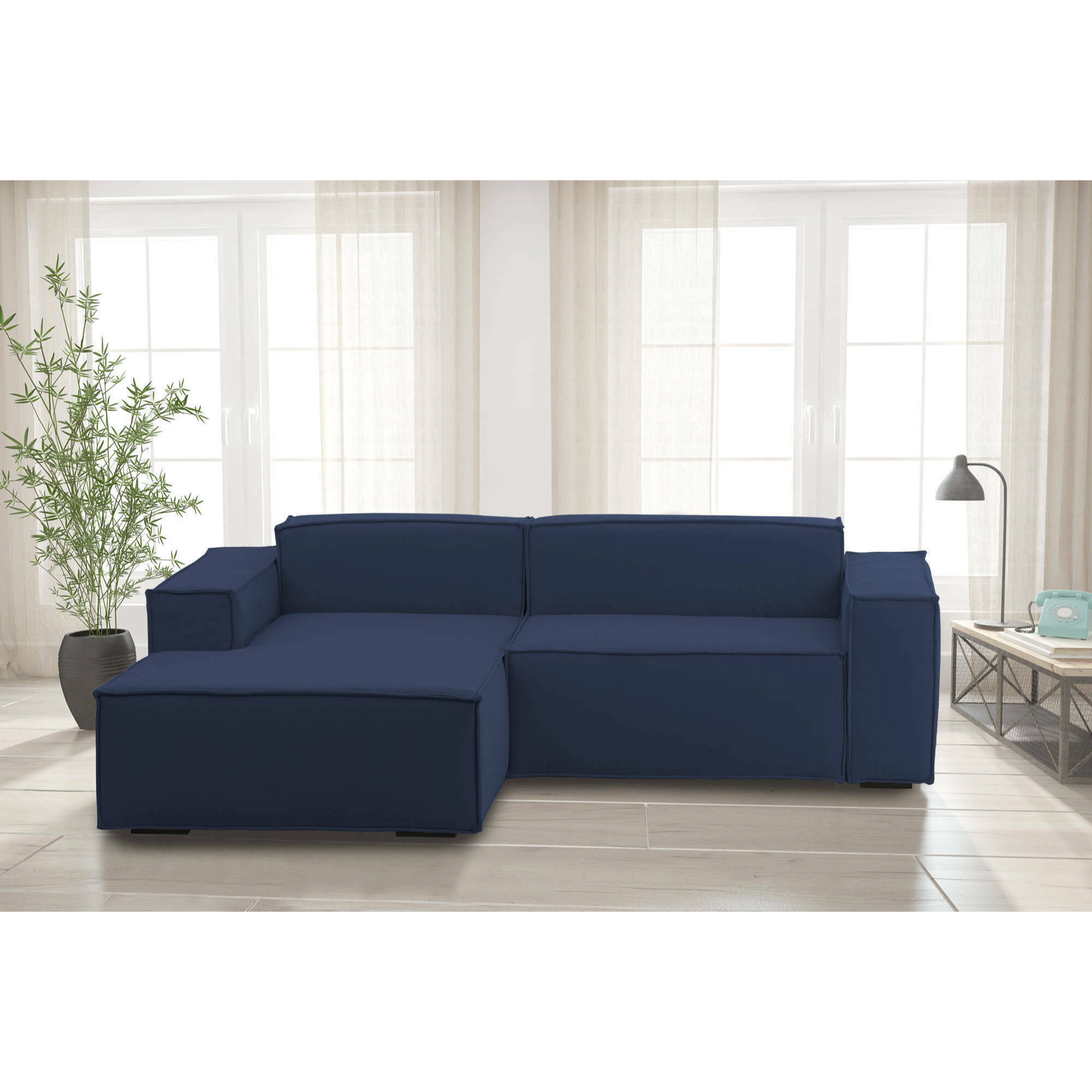 Divano fisso Daniela, Divano componibile a 2 posti large con penisola sinistra, 100% Made in Italy, Sofà moderno in tessuto, Cm 240x170h70, Blu