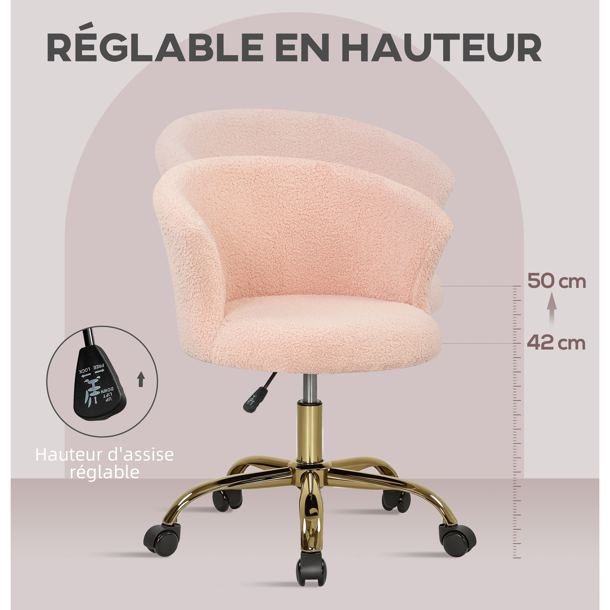 Chaise de bureau design effet courte laine bouclée piètement métal doré rose