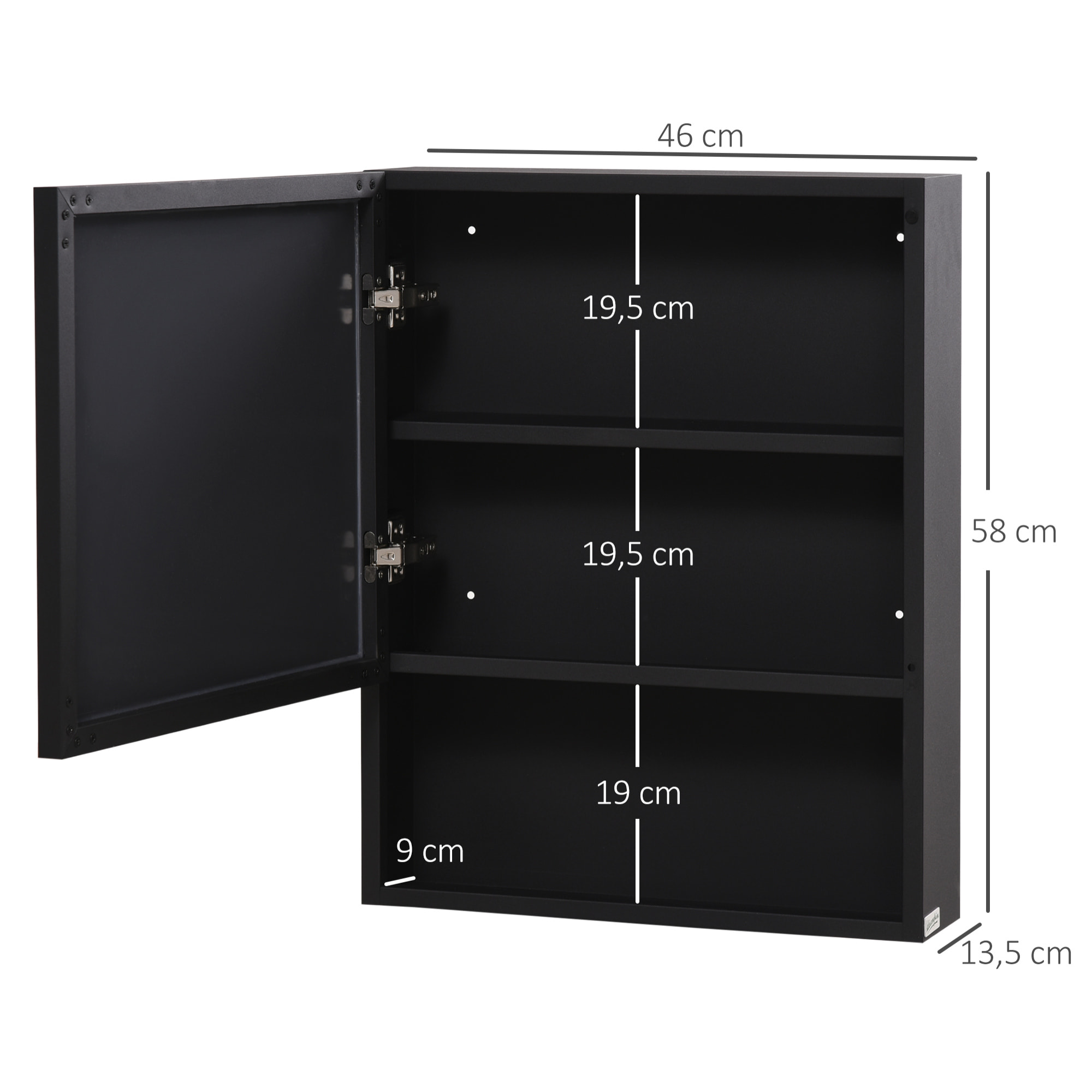 Armoire murale de rangement salle de bain avec porte miroir étagère niche acier inox. noir