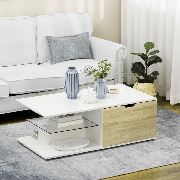 Table basse design contemporain 2 tiroirs 2 niches étagère verre trempé panneaux blanc aspect chêne clair